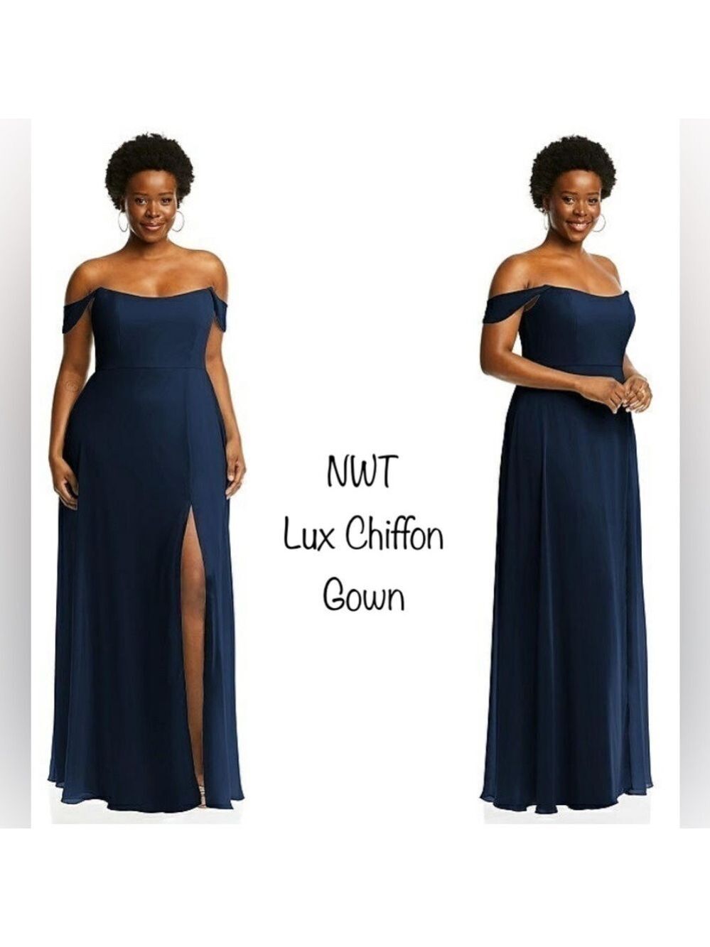 NWT After Six OFF-THE-SHOULDER BASQUE NECK Navy Lux Chiffon Gown size 12